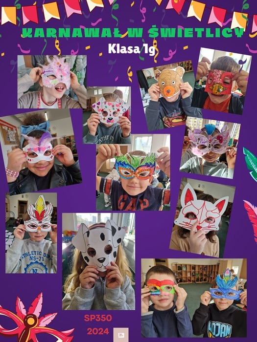 Kolaż zdjęć z dziećmi prezentującymi maski karnawałowe - klasa 1g