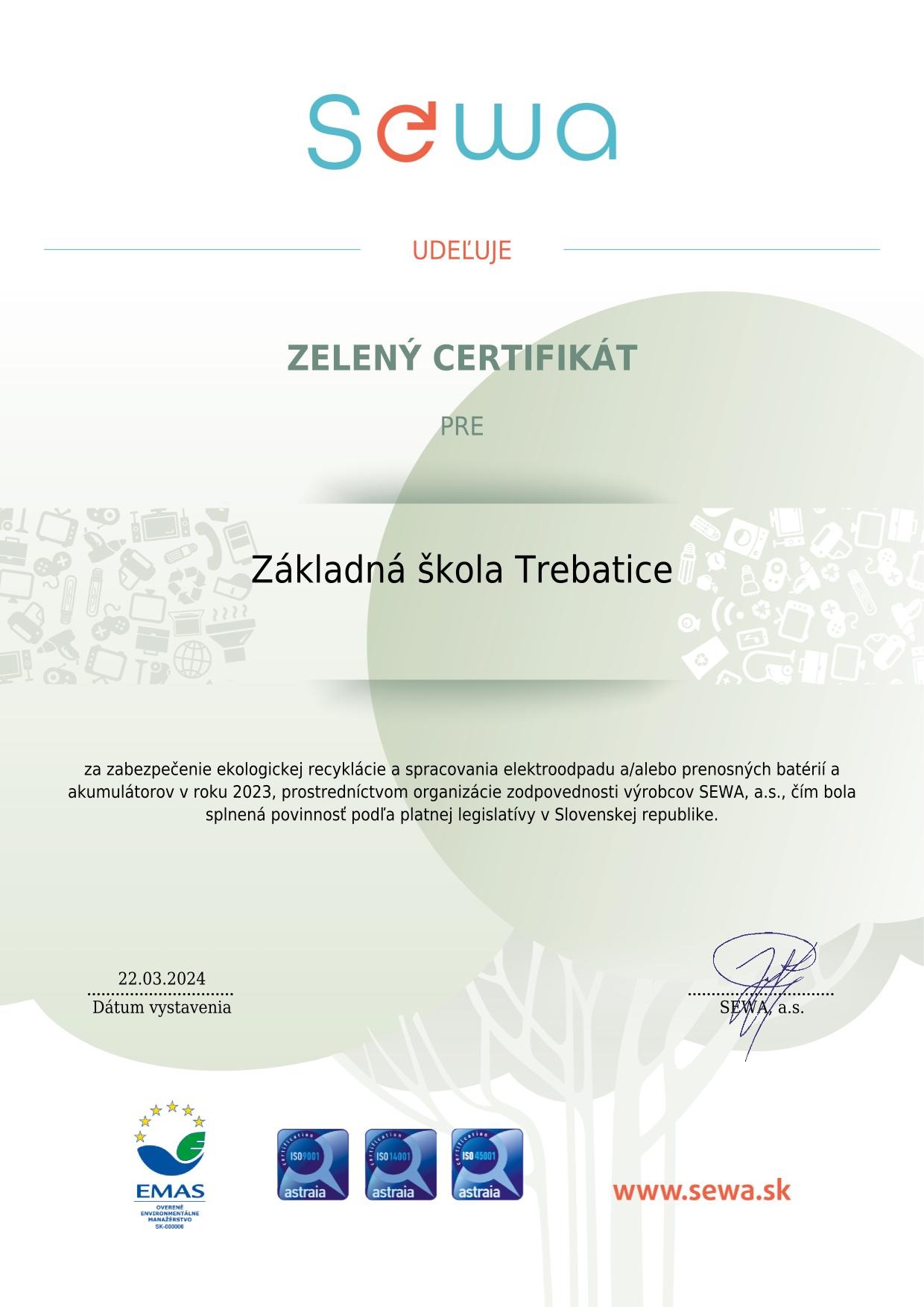 Zelený certifikát pre našu školu - Obrázok 1