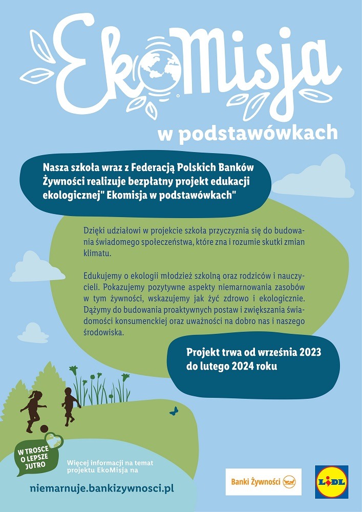 Plakat z zaproszeniem do udziału w konkursie: EkoMisja w podstawówkach.