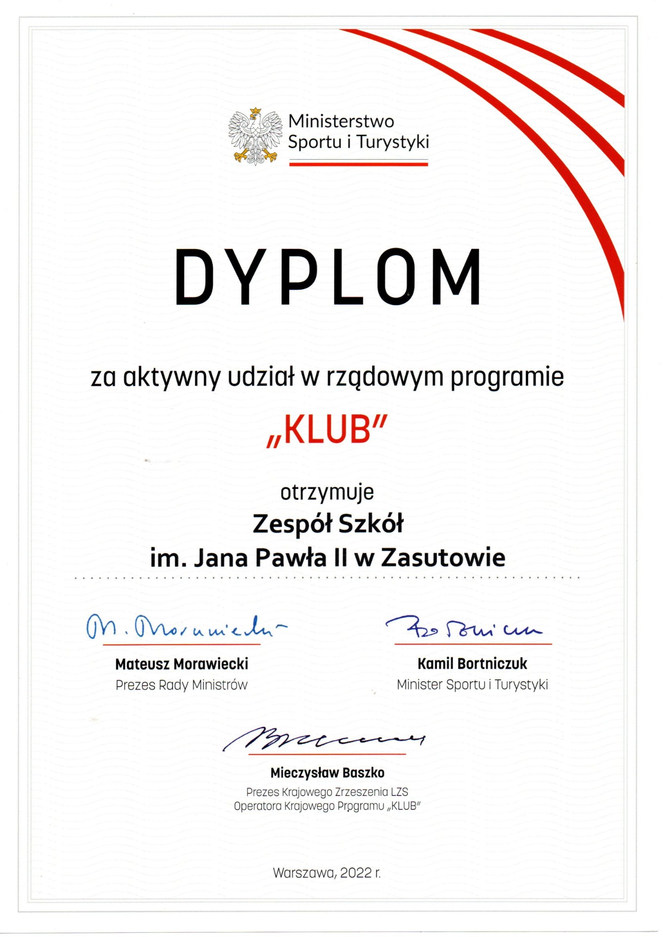 Nagroda ministerialna  dla Zespołu Szkół w Zasutowie za udział w rządowym programie „KLUB” - Obrazek 1