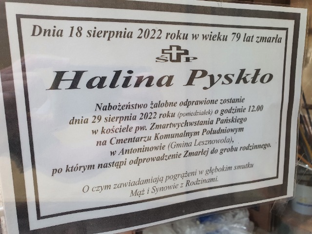 Z przykrością zawiadamiamy, że w dniu 18.08.2022 r. odeszła od nas Pani Halina Pyskło, lubiana przez wszystkich, długoletni pracownik naszej szkoły. - Obrazek 1