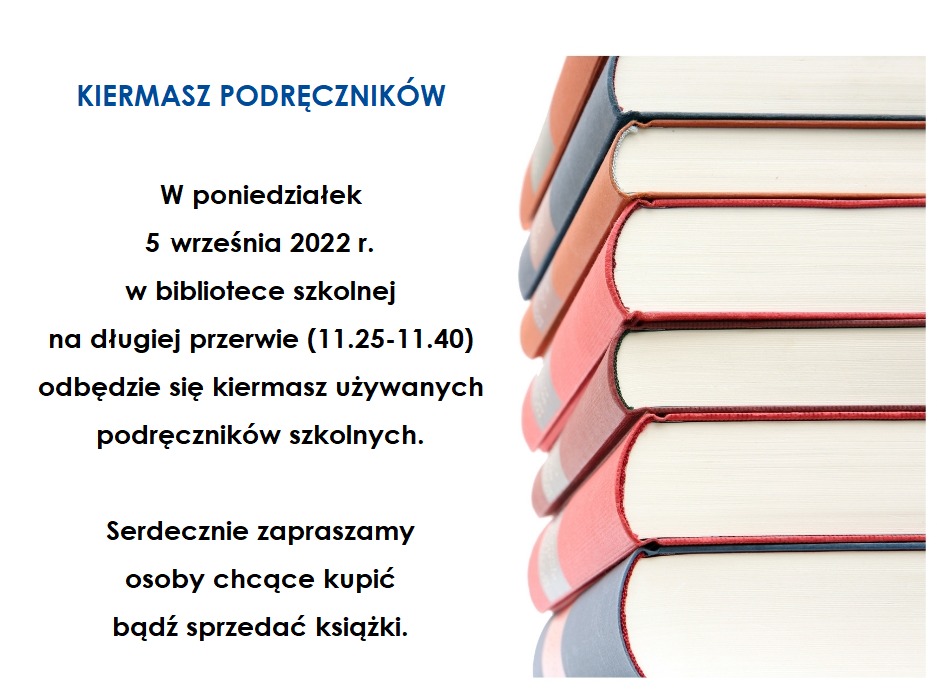 Plakat promujący kiermasz podręczników 5.09.2022 na długiej przerwie