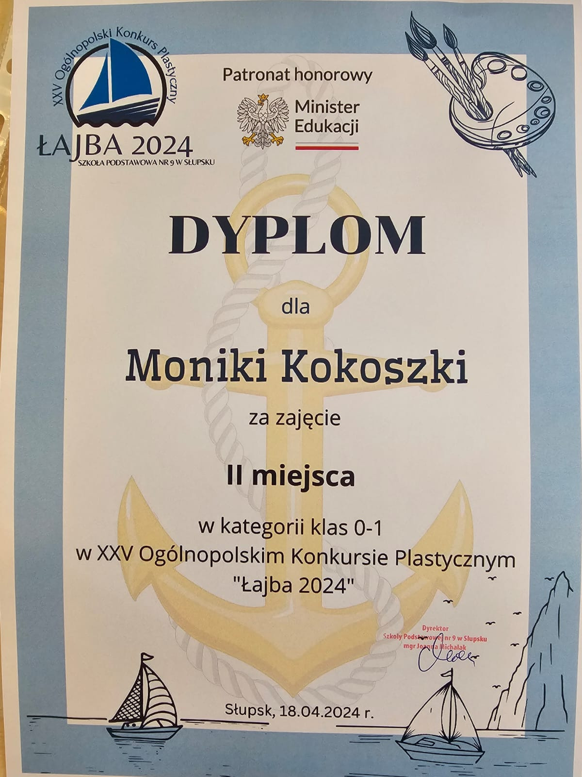 Dyplom za zajęcie II miejsca w konkursie plastycznym Łajba