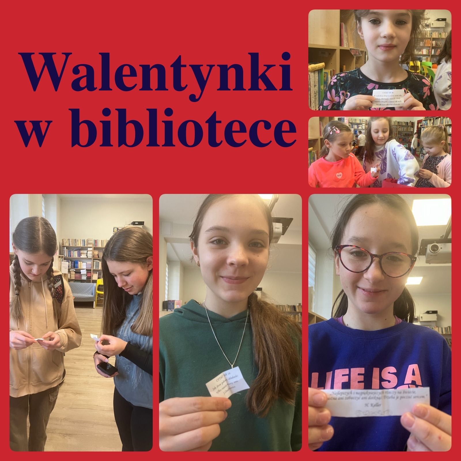 Uczniowie SP5 podczas akcji Walentynki w bibliotece z cytatami, zakładkami walentynkowymi i książkami z randki z książką.