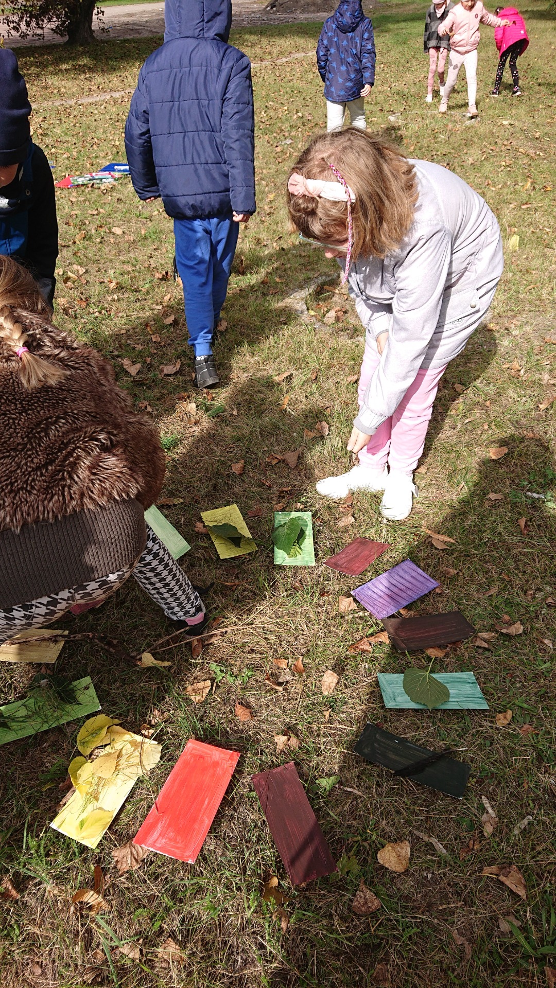 Dzieci będąc na dworzu pochylają się nad swoimi pracami plastycznymi z kolorowymi ususzonymi liśćmi.