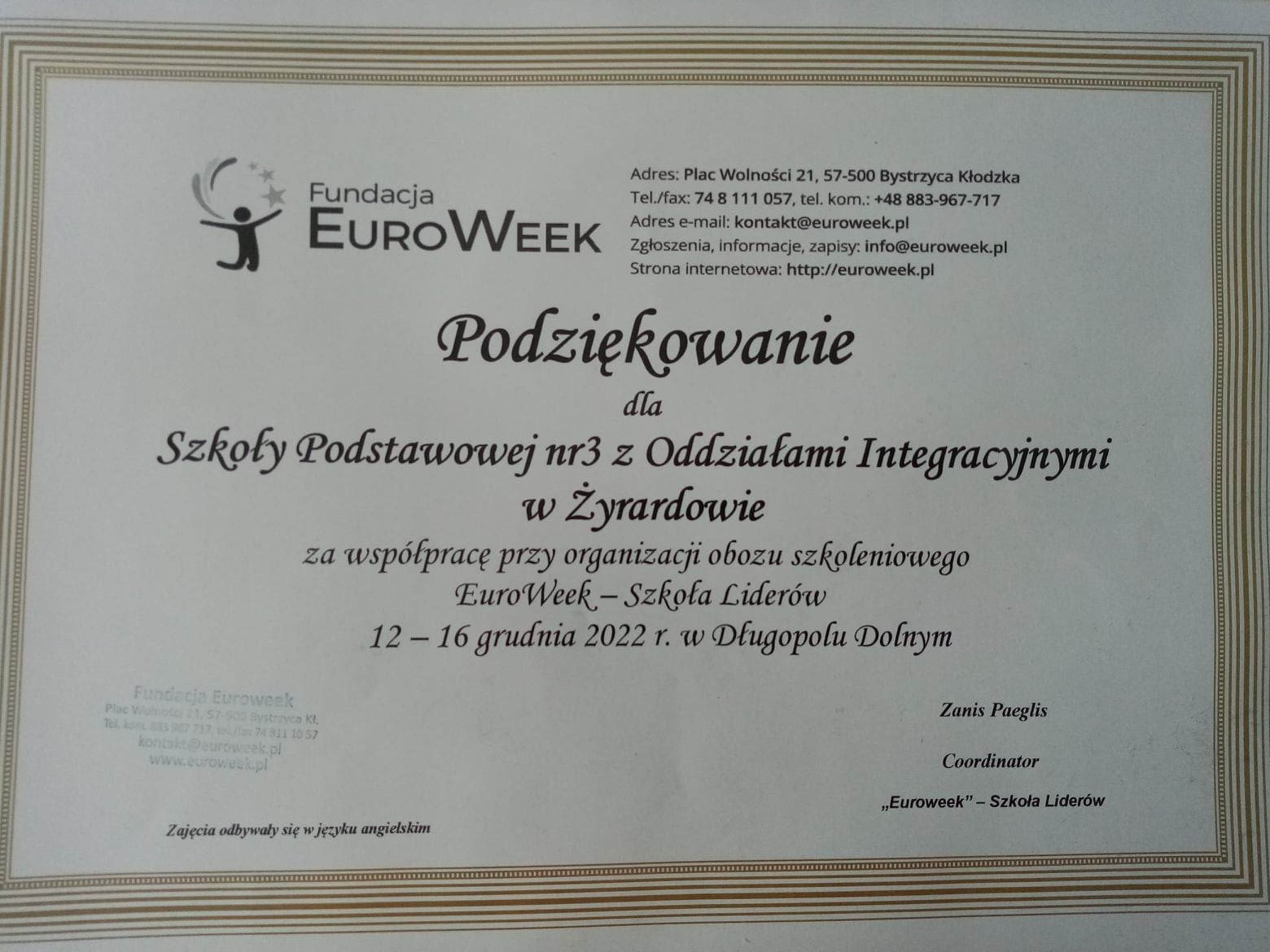 Podziękowanie dla SP 3 za udział w warsztatach EuroWeek