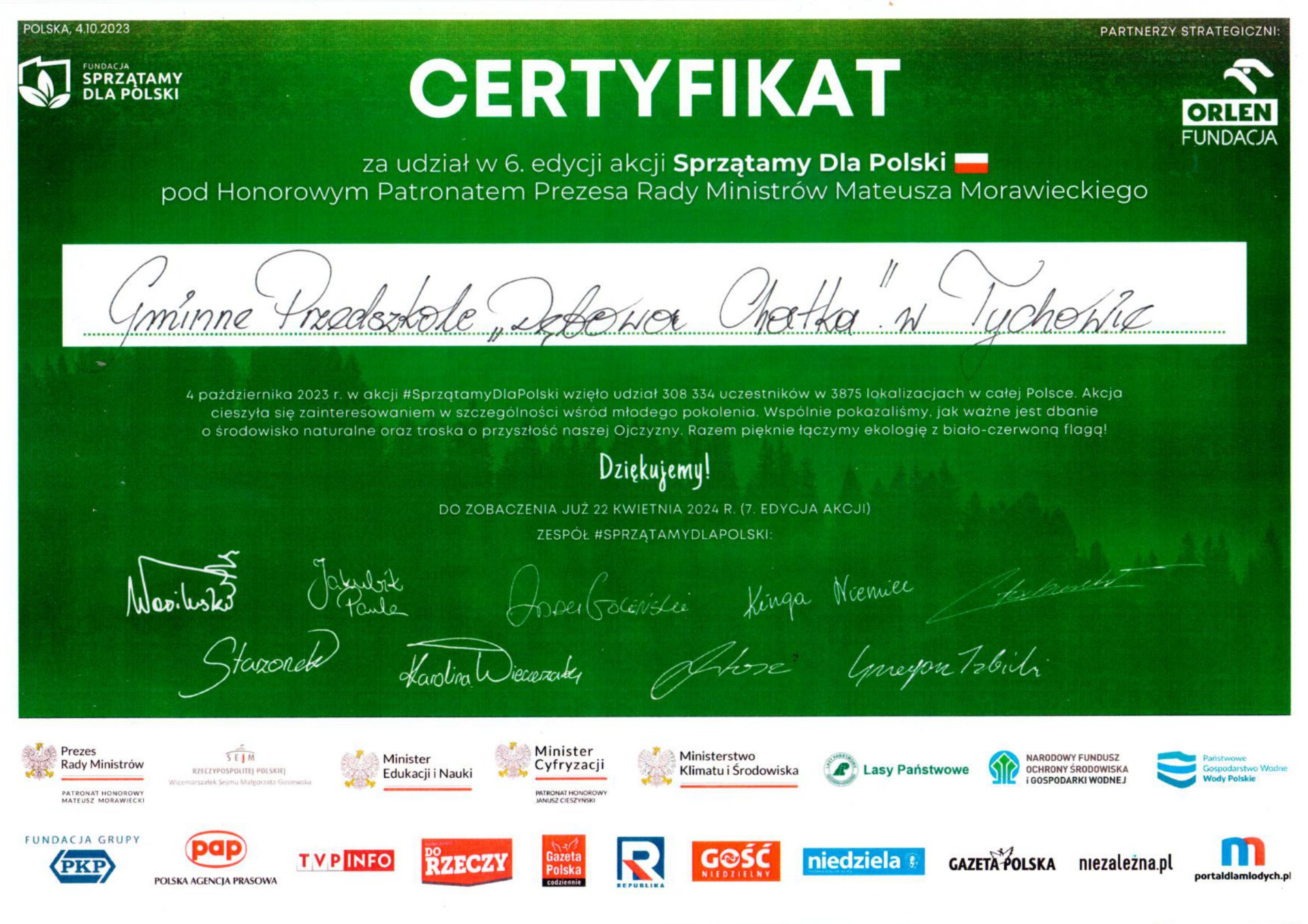 Przedszkole otrzymało certyfikat za udział w 6. edycji akcji Sprzątamy Dla Polski. - Obrazek 1