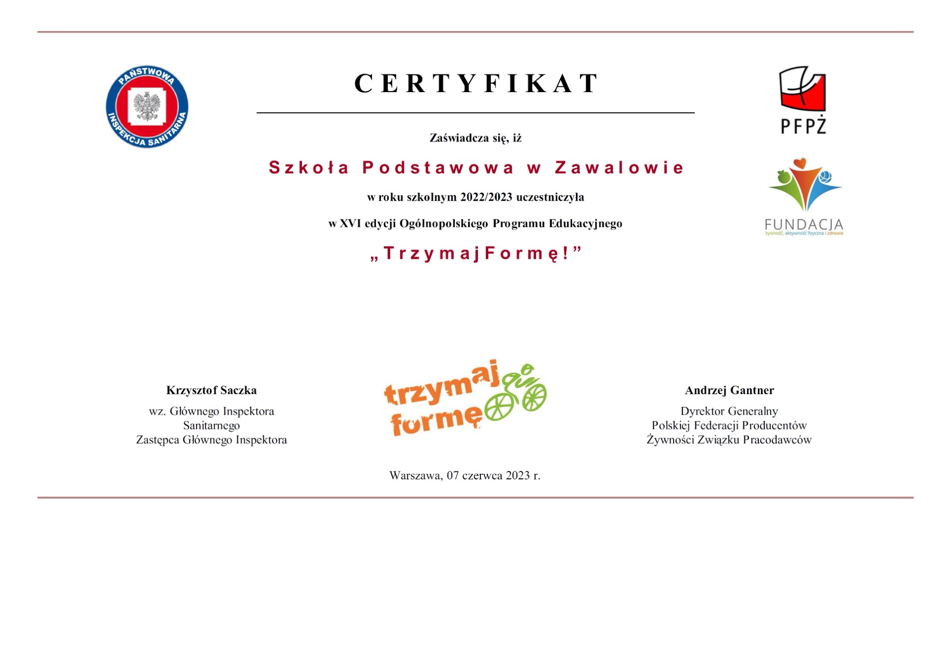 XVI edycja Ogólnopolskiego Programu Edukacyjnego "Trzymaj Formę!" - Certyfikat - Obrazek 1
