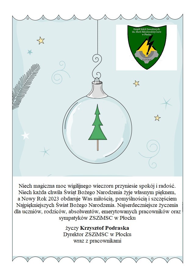 Życzenia bożonarodzeniowe 2023 od Dyrektora i kadry ZSZMSC w Płocku