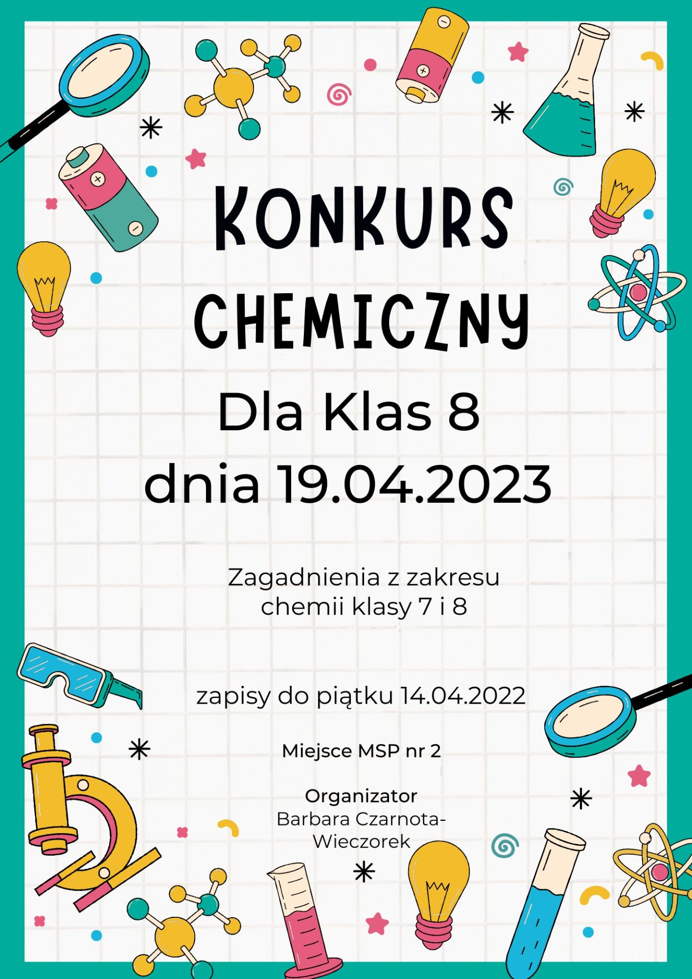 Kolorowy plakat konkursu chemicznego.