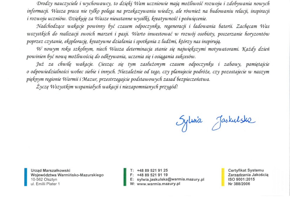 List Urzędu Marszałkowskiego Województwa Warmińsko-Mazurskiego 2023