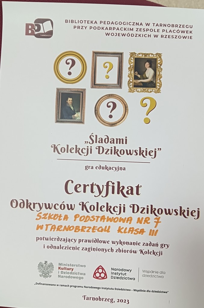 Certyfikat Odkrywców Kolekcji Dzikowskiej.