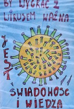 Nagrodzona praca - na niebieskim tle cząsteczka HIV i hasło