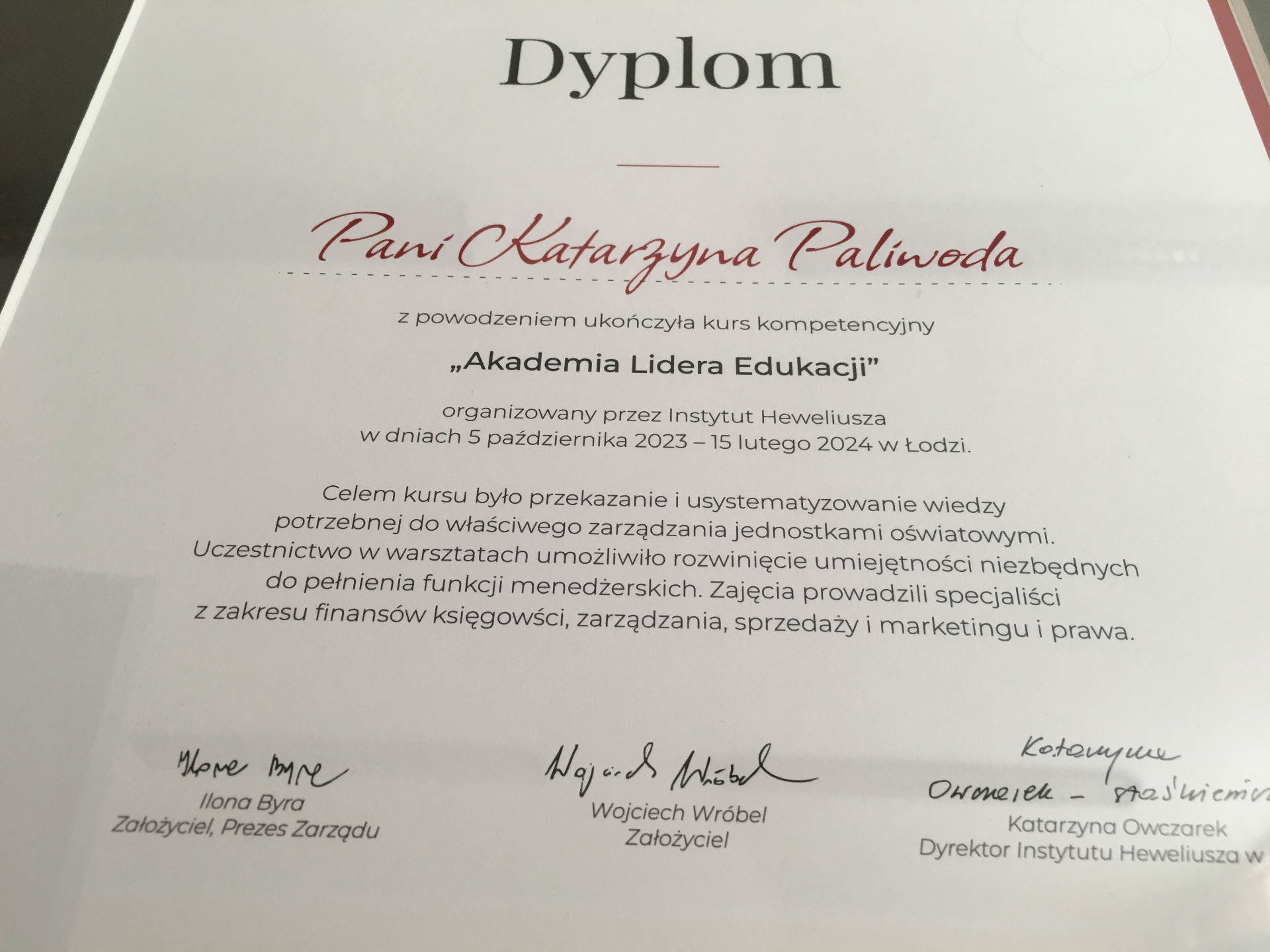 Dyplom Katarzyny Paliwody