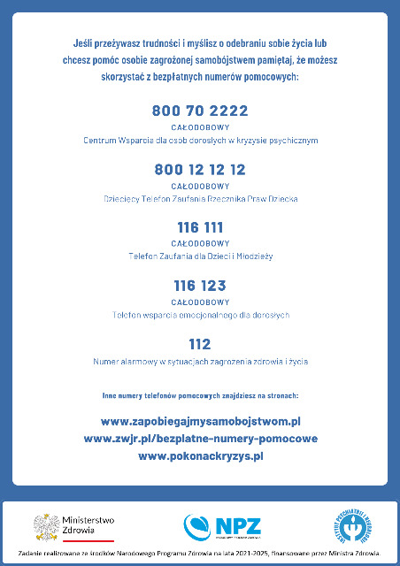 Jeśli przeżywasz trudności i myślisz o odebraniu sobie życia lub chcesz pomóc osobie zagrożonej samobójstwem pamiętaj, że możesz skorzystać z bezpłatnych numerów pomocowych:

800 70 2222

CAŁODOBOWY
Centrum Wsparcia dla osób dorosłych w kryzysie psychicznym

800 12 12 12

CAŁODOBOWY
Dziecięcy Telefon Zaufania Rzecznika Praw Dziecka

116 111

CAŁODOBOWY
Telefon Zaufania dla Dzieci i Młodzieży

116 123

CAŁODOBOWY
Telefon wsparcia emocjonalnego dla dorosłych

112

Numer alarmowy w sytuacjach zagrożenia zdrowia i życia

Inne numery telefonów pomocowych znajdziesz na stronach:

www.zapobiegajmysamobojstwom.pl
www.zwjr.pl/bezplatne-numery-pomocowe
www.pokonackryzys.pl


Zadanie realizowane ze środków Narodowego Programu Zdrowia na lata 2021-2025, finansowane przez Ministra Zdrowia.