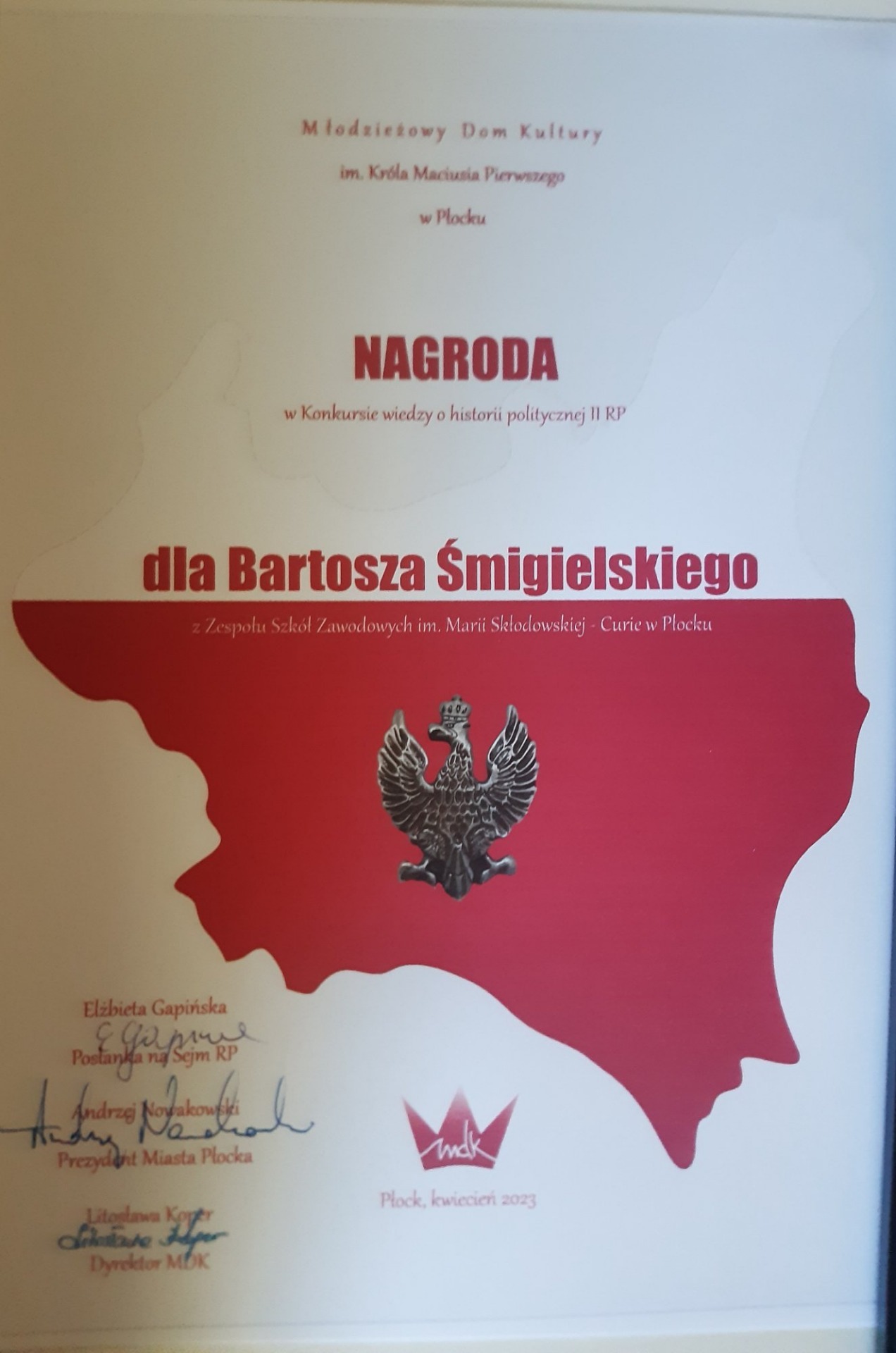 Nagroda w Konkursie wiedzy o historii politycznej II RP dla Bartosza Śmiglielskiego
